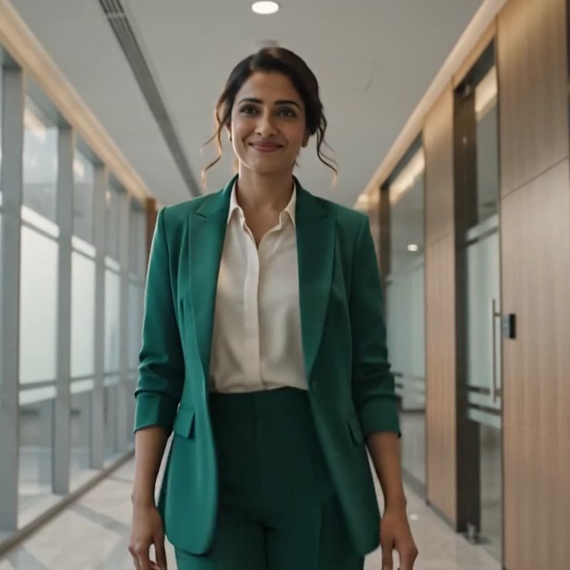 The same woman walking through the same building with settled, unhurried confidence