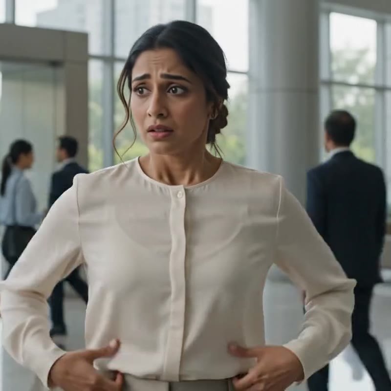 A woman hesitating in an office lobby, shoulders drawn in