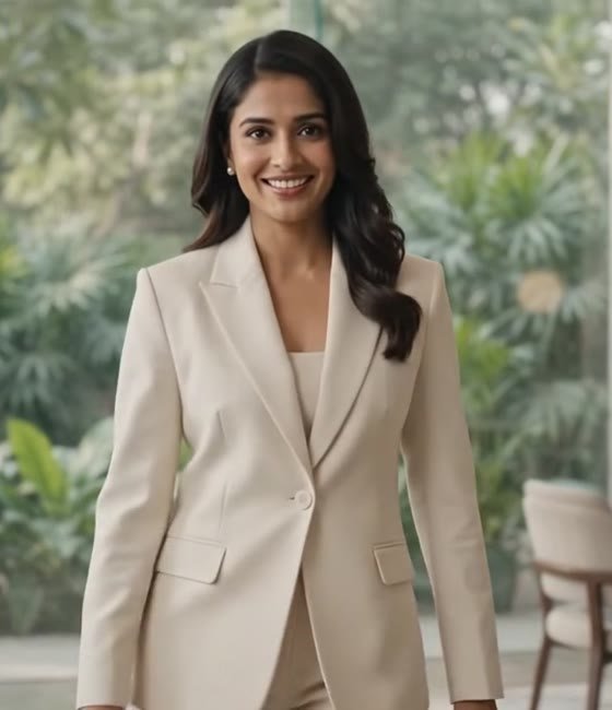 After — ivory suit, open posture